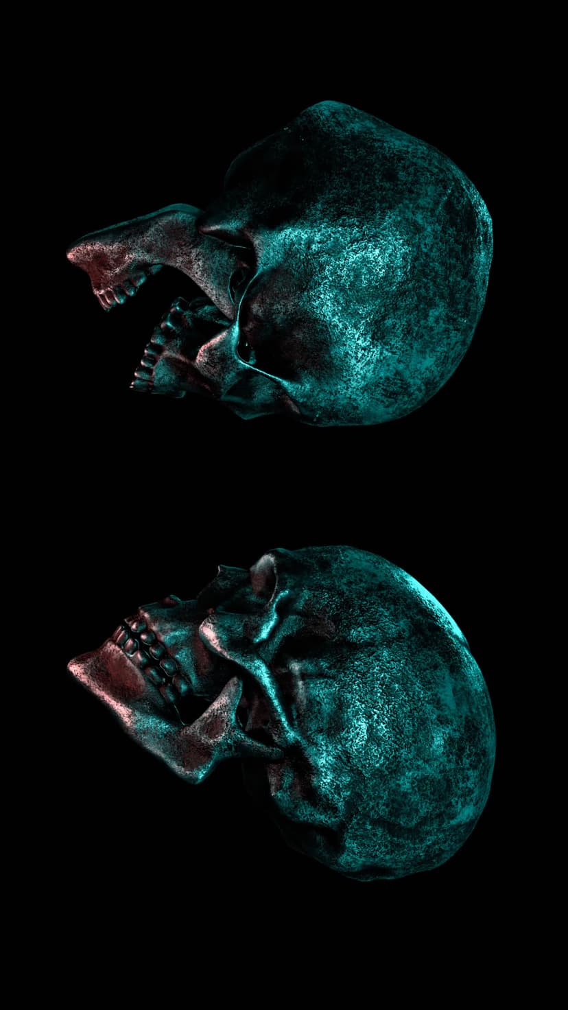Dual skulls with open jaws glow in pink and cyan light against a deep black backdrop in a vertical layout.