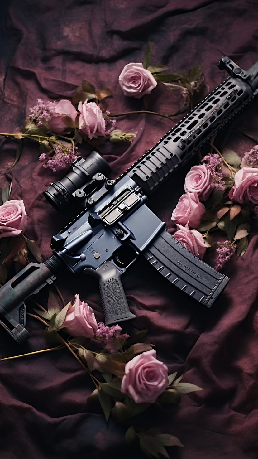 Dark blue rifle adorned with pink roses and small flowers lies on a textured burgundy velvet surface.