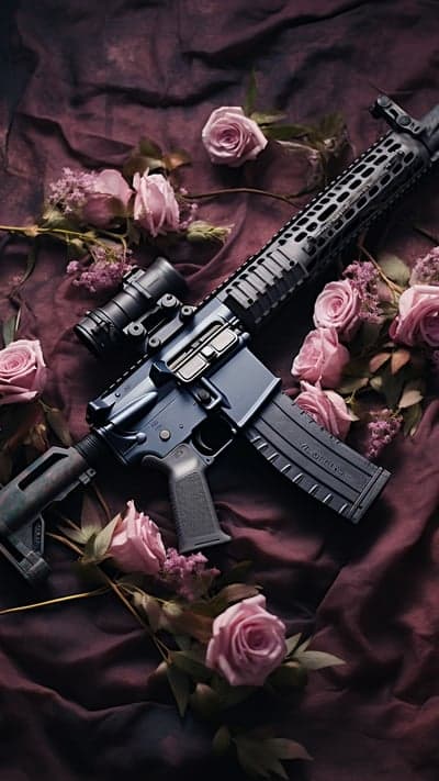 Elegant Rifle with Pink Roses on Burgundy Fabric