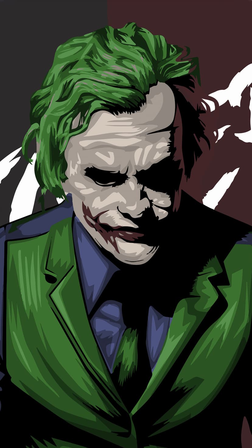 The Joker features bright green hair and a wide menacing grin in a high-contrast graphic portrait.