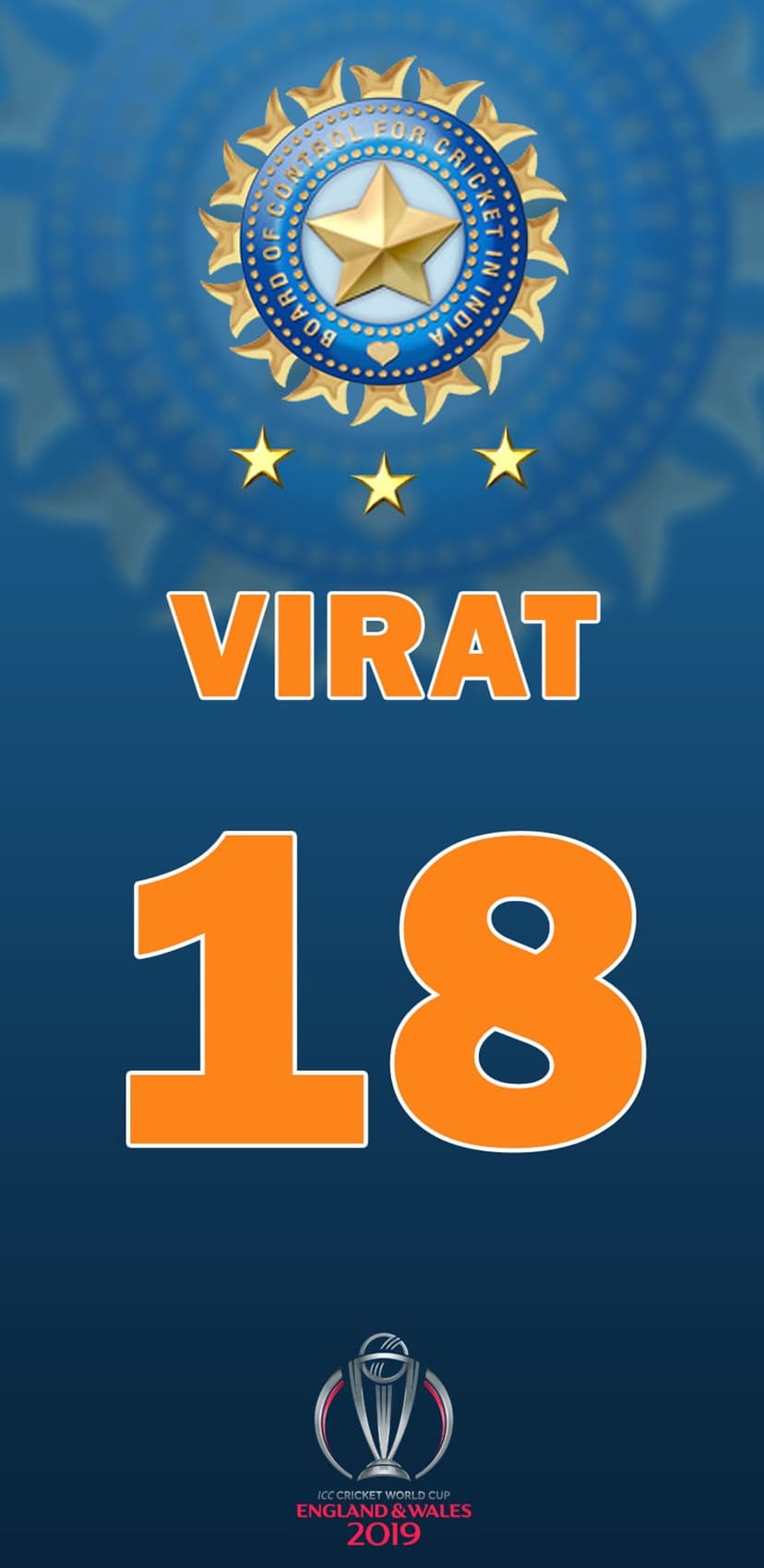 Virat Kohli jersey number 18 in orange font over a blue background featuring BCCI and ICC tournament crests.