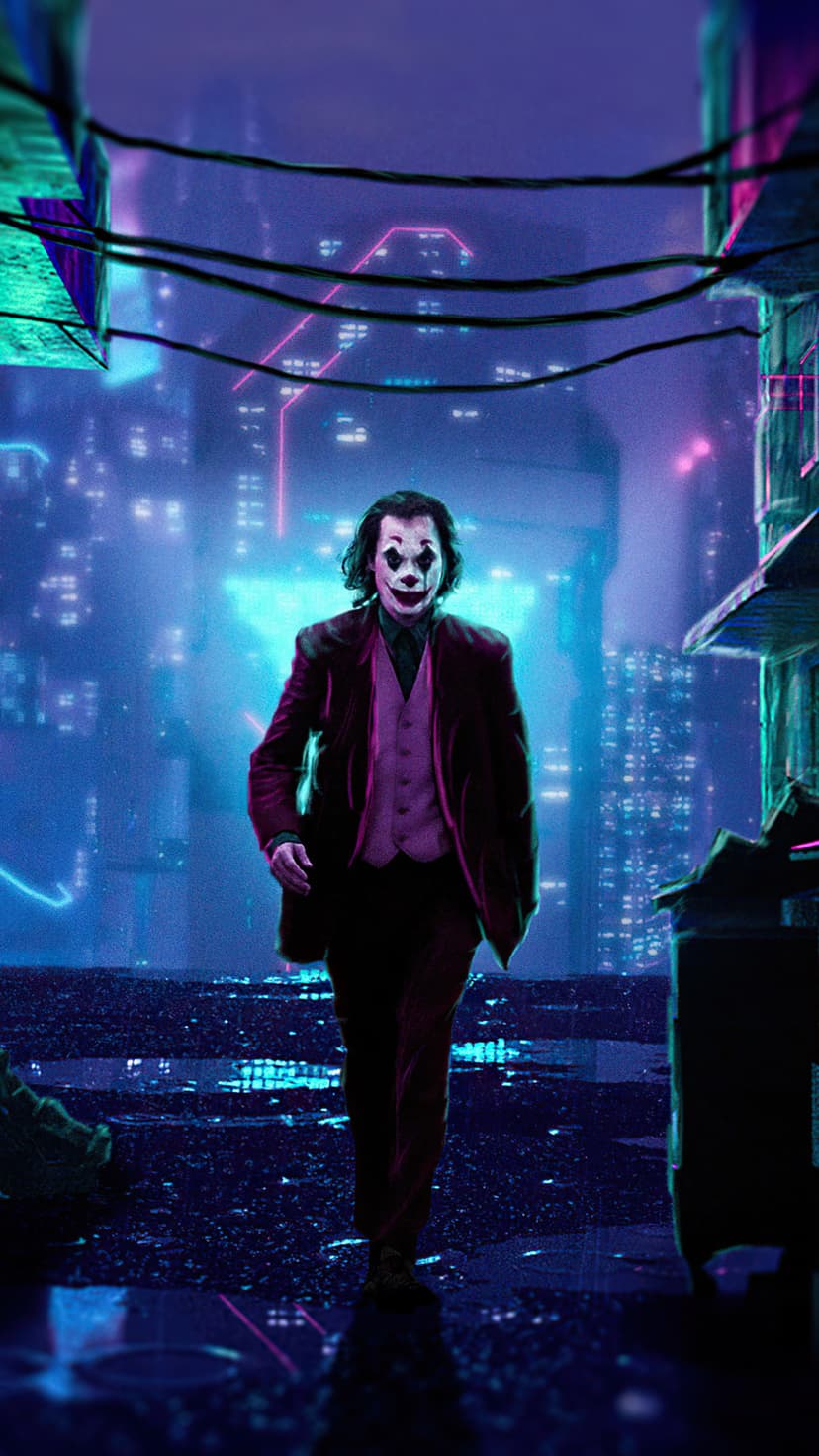 Joker walks through a rainy neon cyberpunk city with pink and blue lights reflecting on wet asphalt streets.