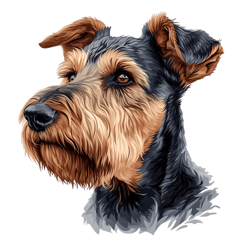 Airedale Terrier dog portrait featuring a tan wiry coat, black markings, and detailed facial whiskers.