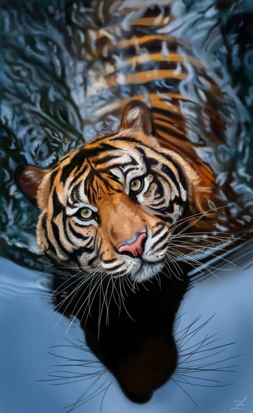 Tiger with orange fur and black stripes rises from dark blue rippling water with a focused, intense expression.