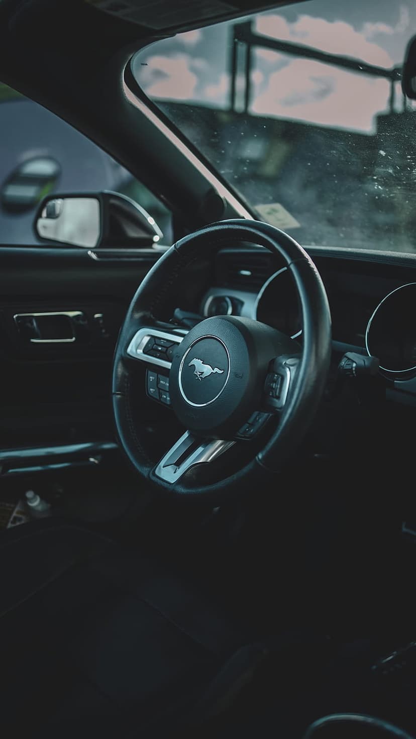 Ford Mustang steering wheel featuring the silver pony logo against a dark leather and textured car interior.