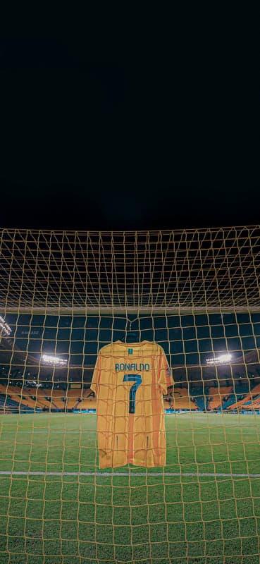Cristiano Ronaldo's jersey hangs in soccer goal at stadium
