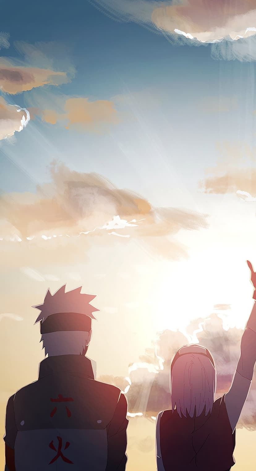 Kakashi and Sakura stand back-to-back overlooking a sunlit Konohagakure with golden clouds and light rays.