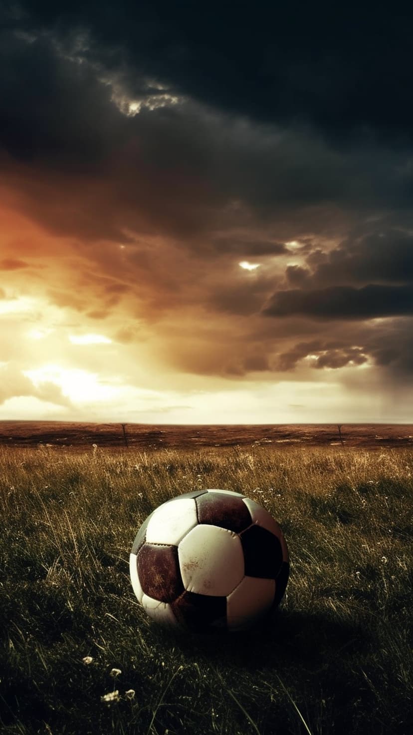 Leather soccer ball in overgrown grass under dark storm clouds and golden sunset light during twilight.