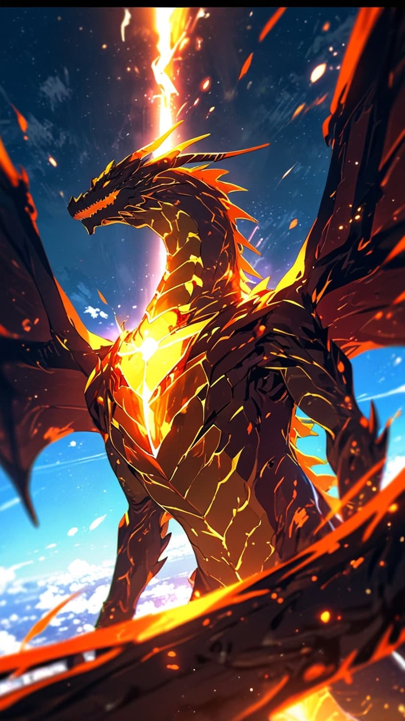 Orange dragon with glowing scales ascends through a blue sky toward a bright light beam and cosmic stardust.