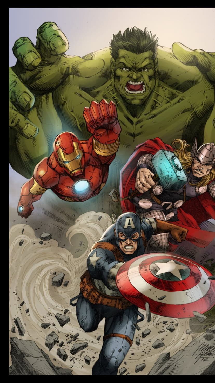 Hulk, Iron Man, and Thor charge through a dusty battlefield with debris in a comic-style superhero scene.