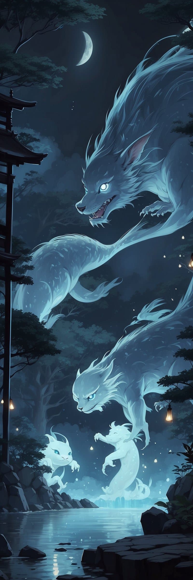 Glowing spirit foxes roam a dark forest near a pagoda and pond under a silver crescent moon and lit lanterns.