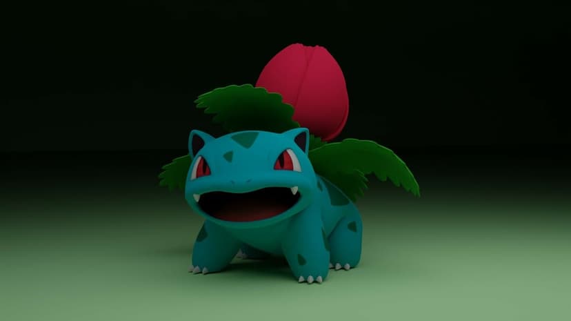 Ivysaur Pokemon with an open mouth and red flower bulb on its back against a dark green minimalist backdrop.
