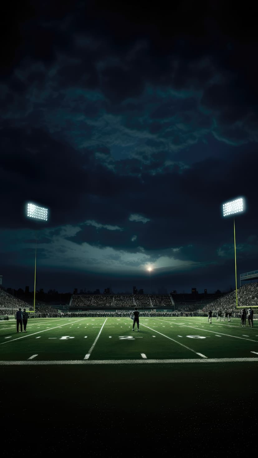 Floodlights illuminate a green football field under a dark stormy sky with distant figures in the stadium stands.