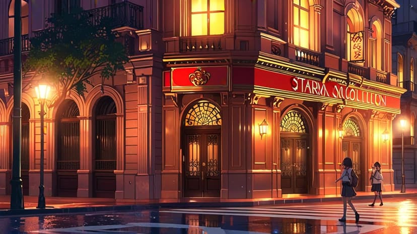 Two figures cross a rain-slicked city street reflecting the warm golden light from a nearby ornate building.
