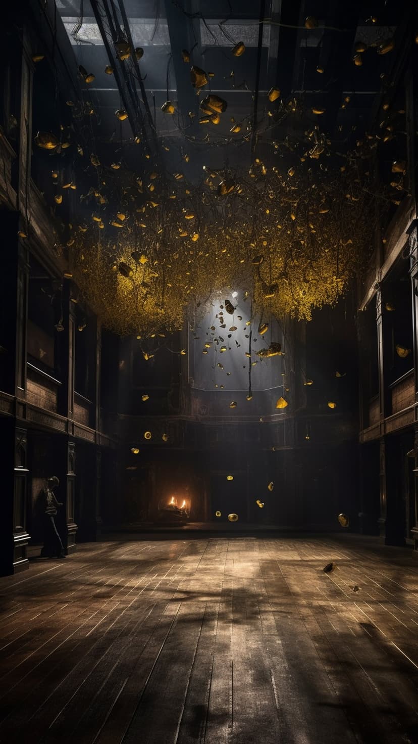 Yellow leaves suspended in a dark, grand hallway with sunlight and a glowing fireplace in the background.