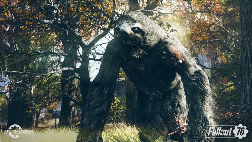 Large hairy Mega Sloth creature with glowing eyes standing in a sunlit forest with yellow autumn leaves.