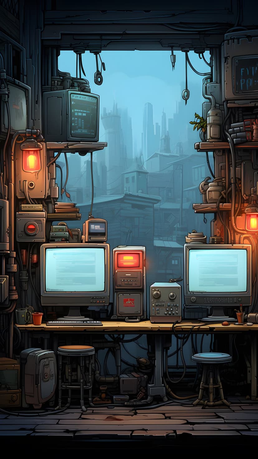 Cluttered hacker desk with old monitors and tangled wires overlooks a hazy futuristic city through a window.