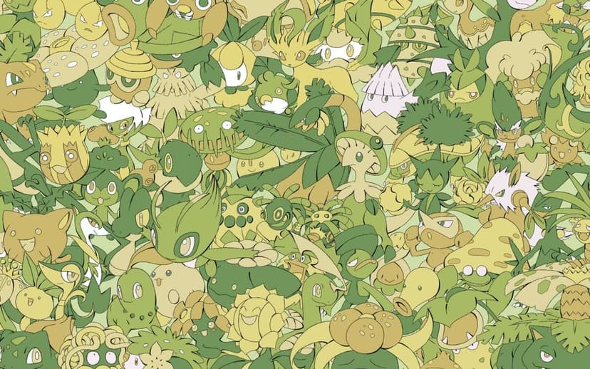 Crowded collage of grass-type Pokemon characters in muted shades of olive green and pale yellow line art.