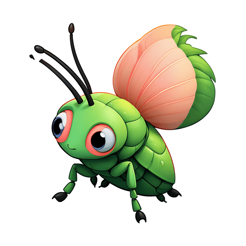 Green insect sticker character features large blue eyes and glossy leaf wings against a transparent background.