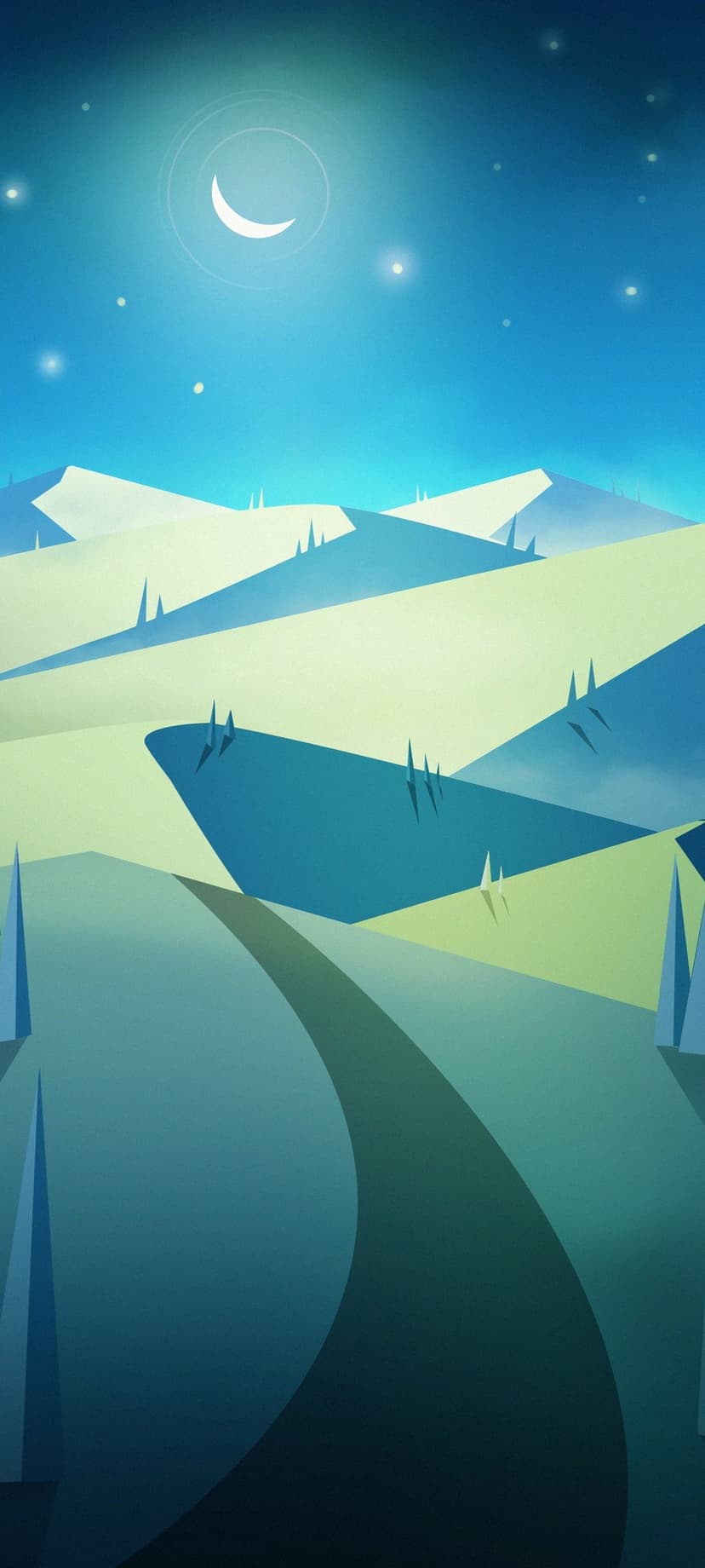 Crescent moon and twinkling stars shine over layered blue geometric hills and a winding path during the night.