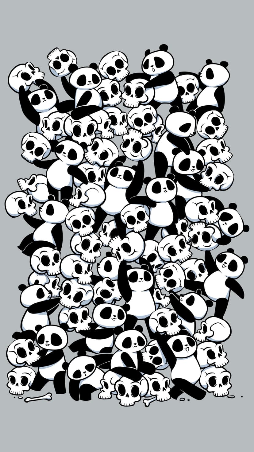 Pandas with black and white markings balance and hold human skulls against a solid neutral gray background.