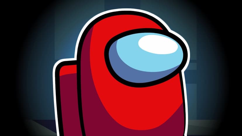 Red Among Us crewmate with a cyan visor and white outline against a dark blue vignetted gradient background.