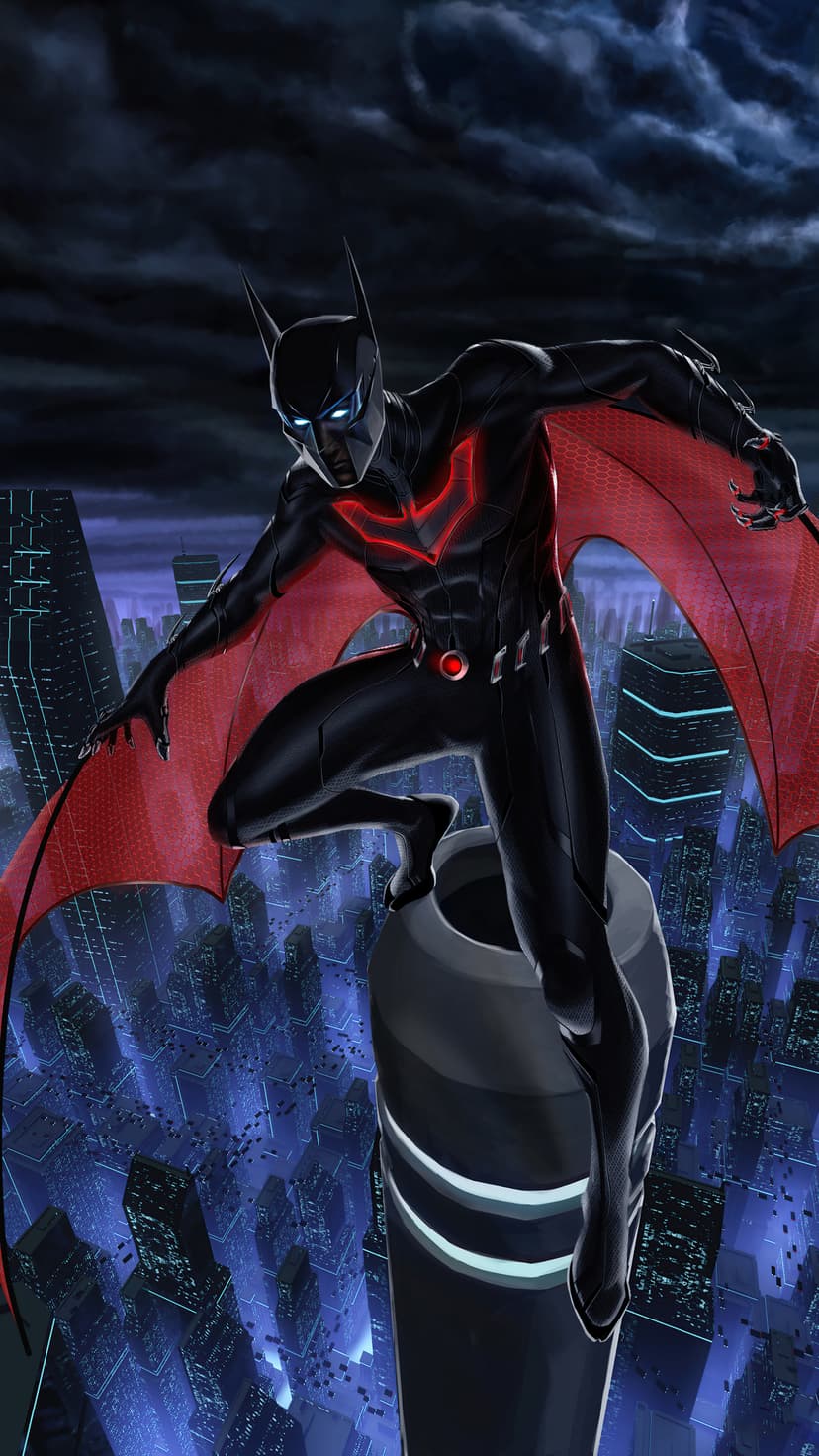 Batman Beyond stands on a rooftop with large red wings spread against a dark, glowing futuristic cityscape.