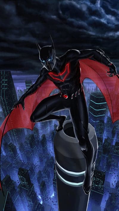 Batman Beyond on Rooftop Overlooking Futuristic City