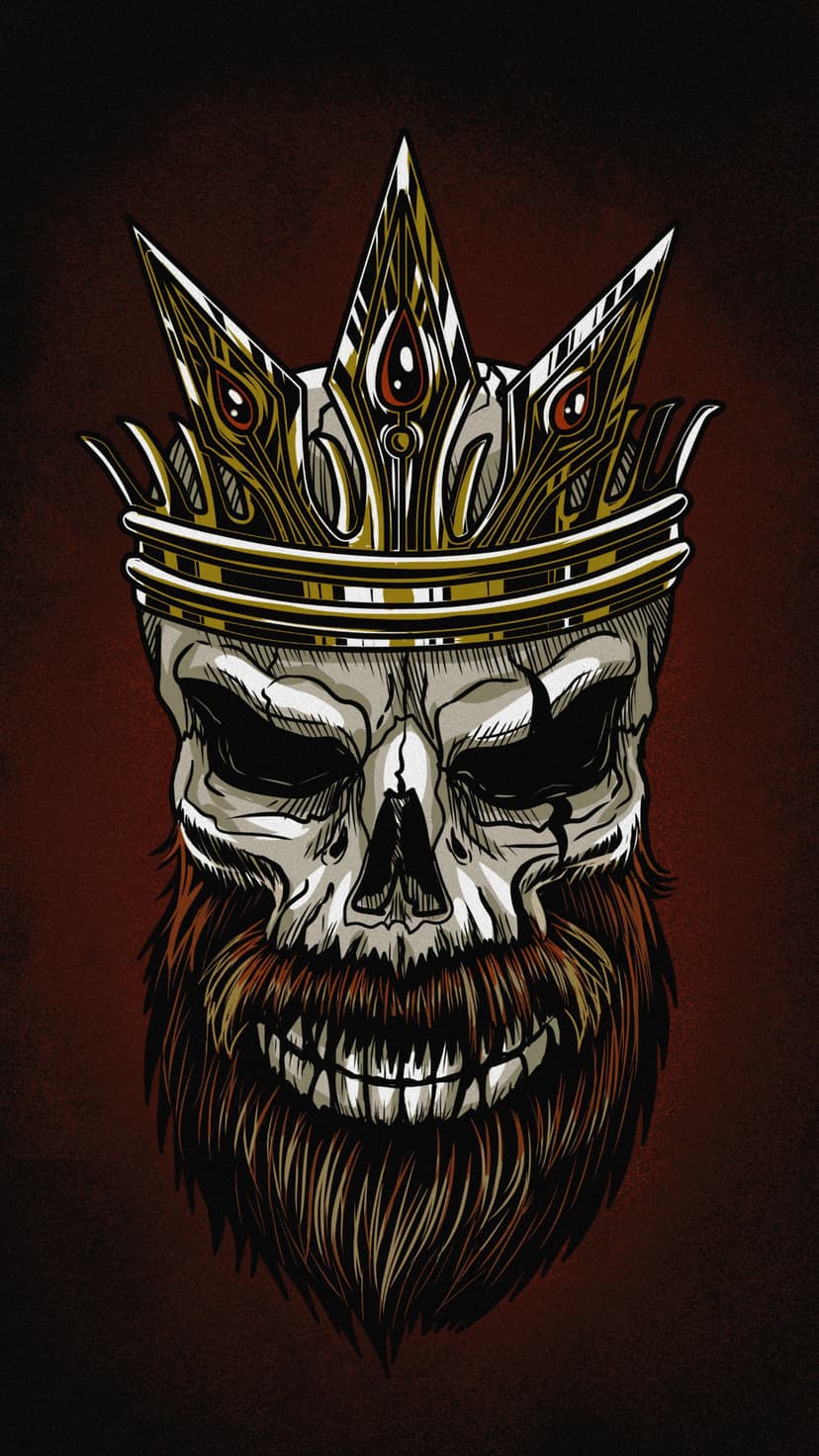 Bearded skull with an ornate gold crown, menacing white eyes, and sharp teeth against a dark background.