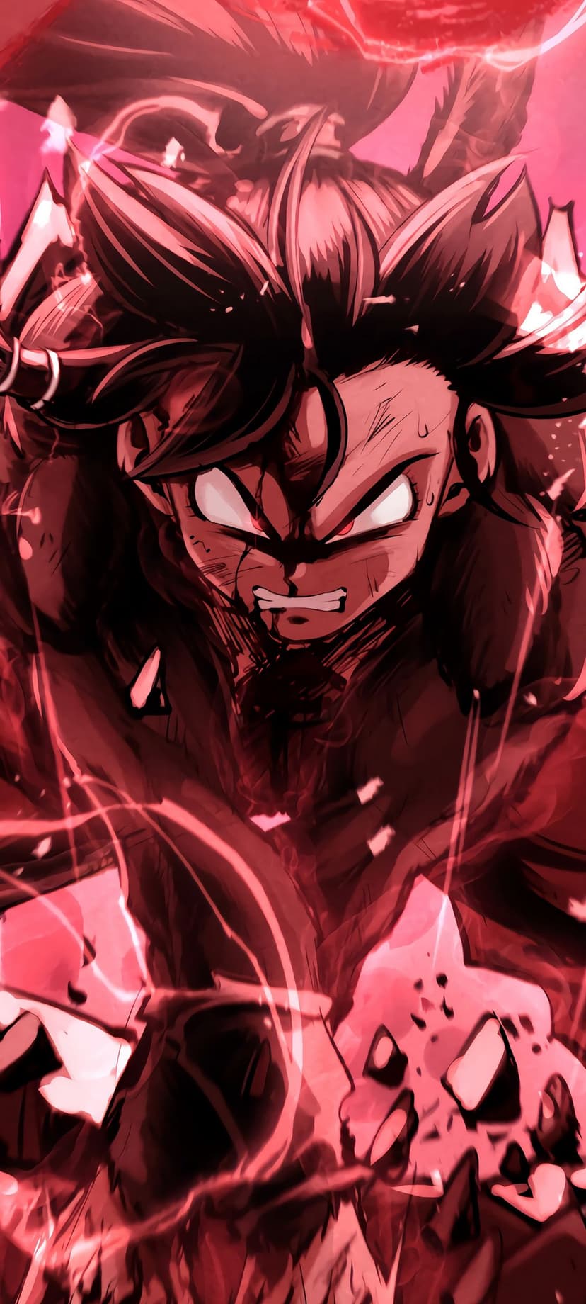 Goku Black with spiky pink hair stares intensely while surrounded by swirling magenta and crimson energy flames.
