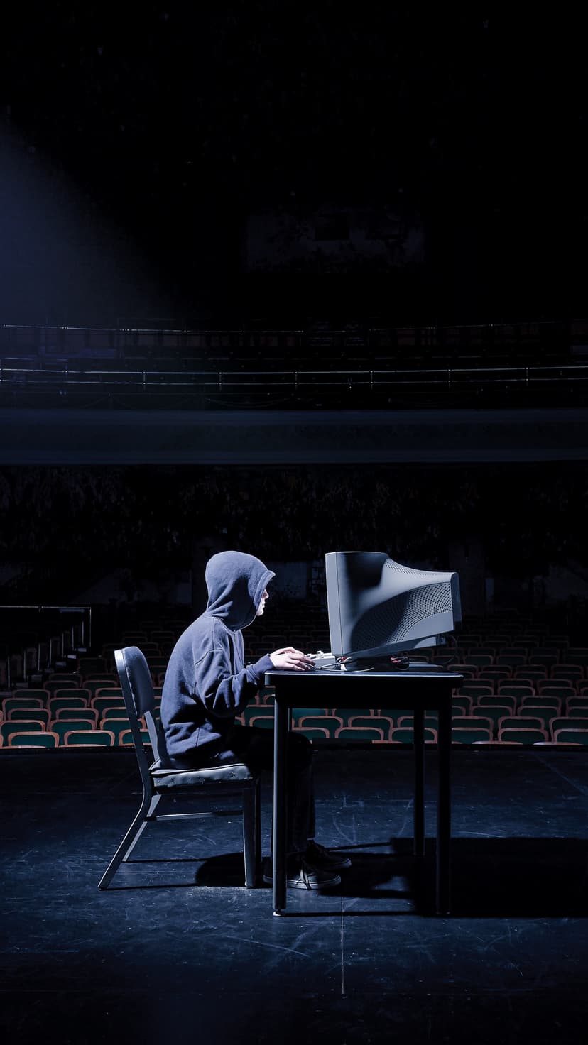 Hooded person typing on a glowing computer monitor on a dark auditorium stage with empty seats in the background.