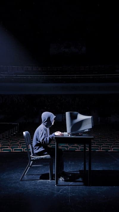 Teenager in Hoodie Hacks Computer in Empty Auditorium