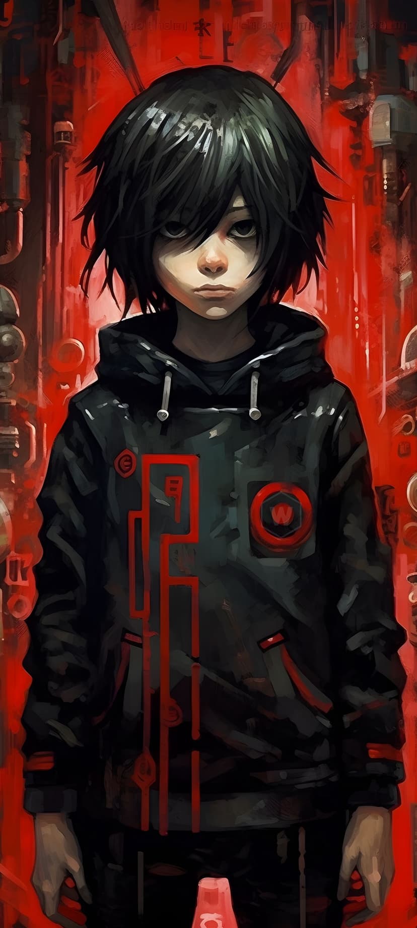 Anime boy with messy black hair wearing a black hoodie with glowing red circuit patterns against a sci-fi backdrop.
