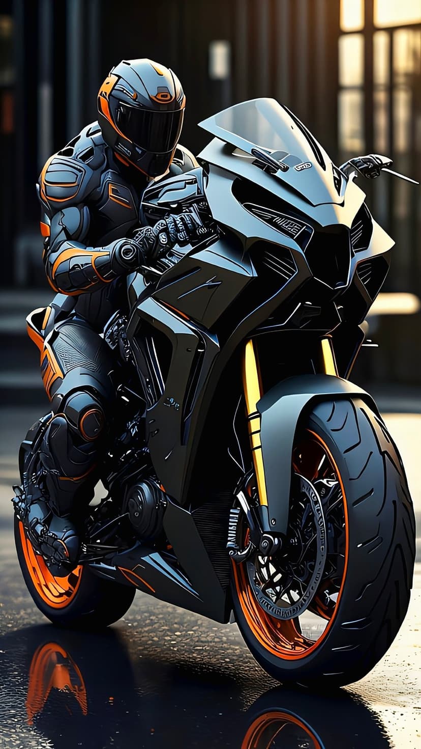 Motorcyclist in black and orange gear on a sleek bike amidst neon city lights and wet pavement reflections.