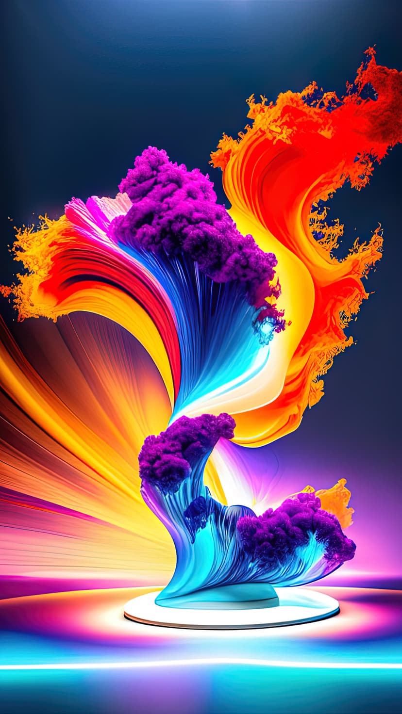 Molten fluid sculpture with neon purple and orange gradients casting colorful reflections on a dark surface.