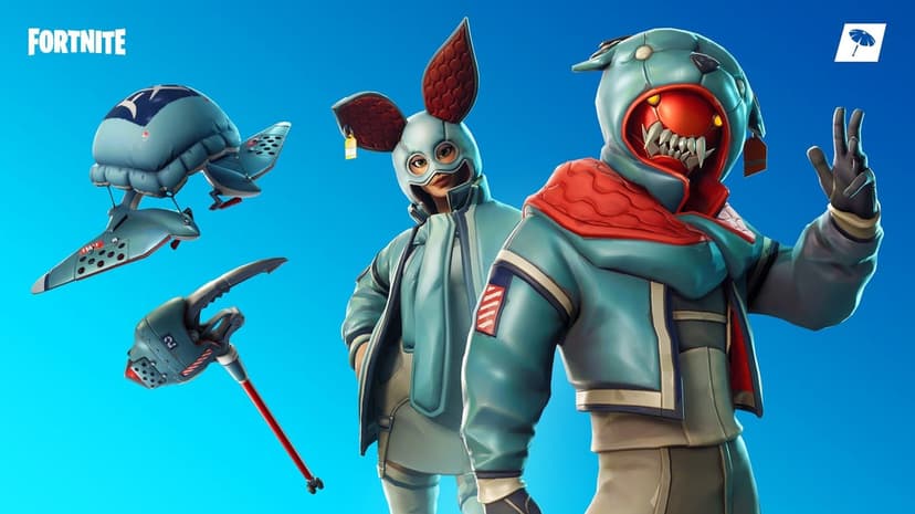 Fortnite characters Flapjackie and Growl posing with a matching glider and pickaxe on a solid blue background.