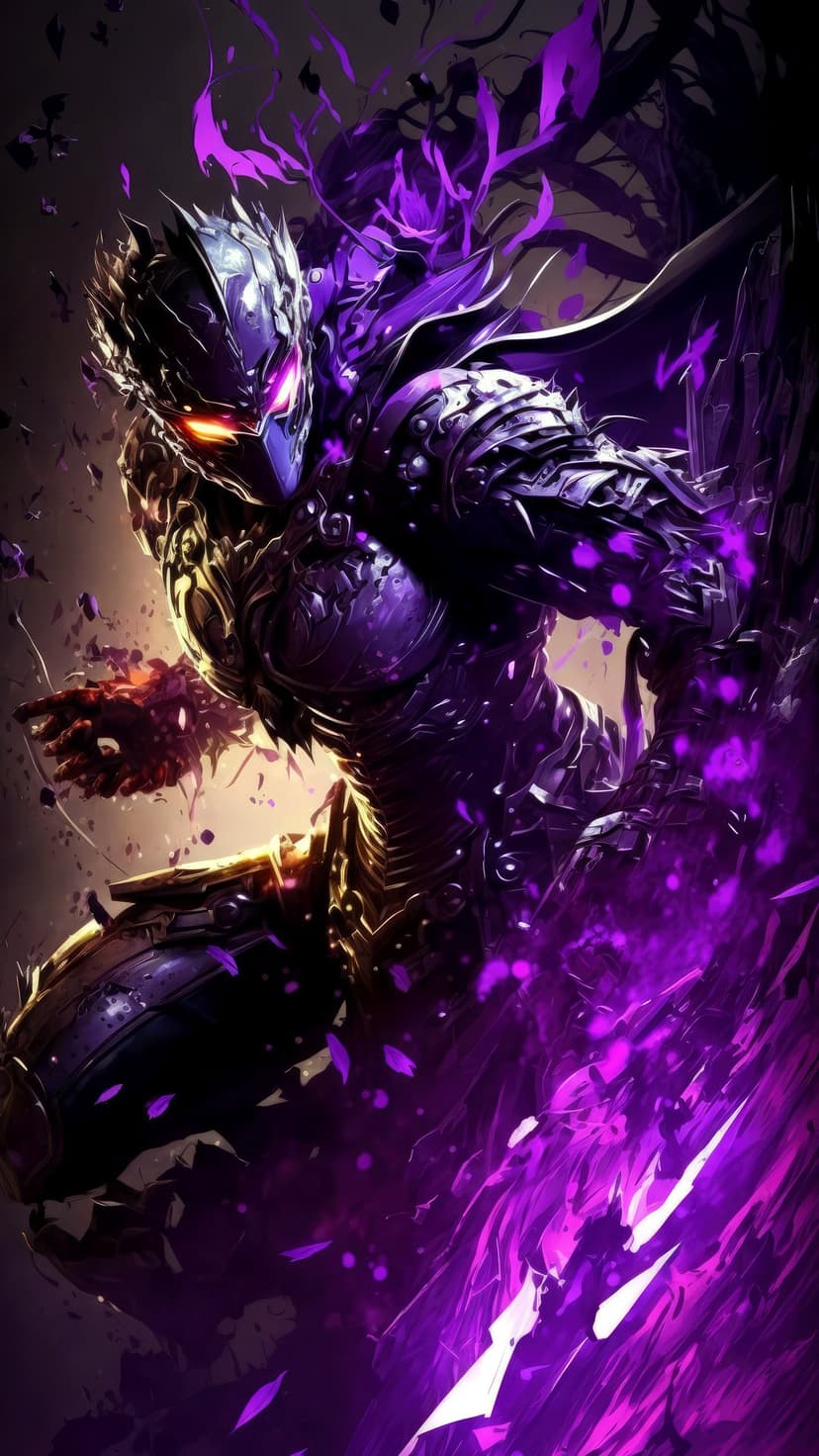 Armored warrior with glowing orange eyes and swirling purple energy trails emanating from dark plate armor.