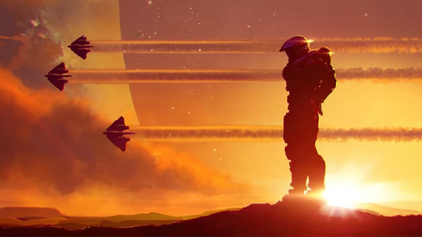 Silhouette of an armored soldier on a ridge against an orange sunset sky with three flying jets and contrails.