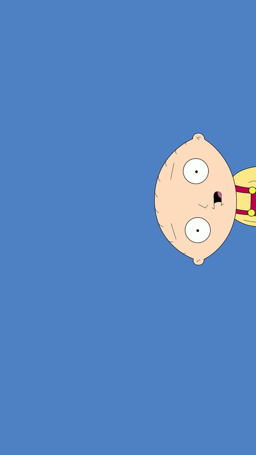 Stewie Griffin hangs upside down against a solid blue background with a focused and slightly grumpy expression.