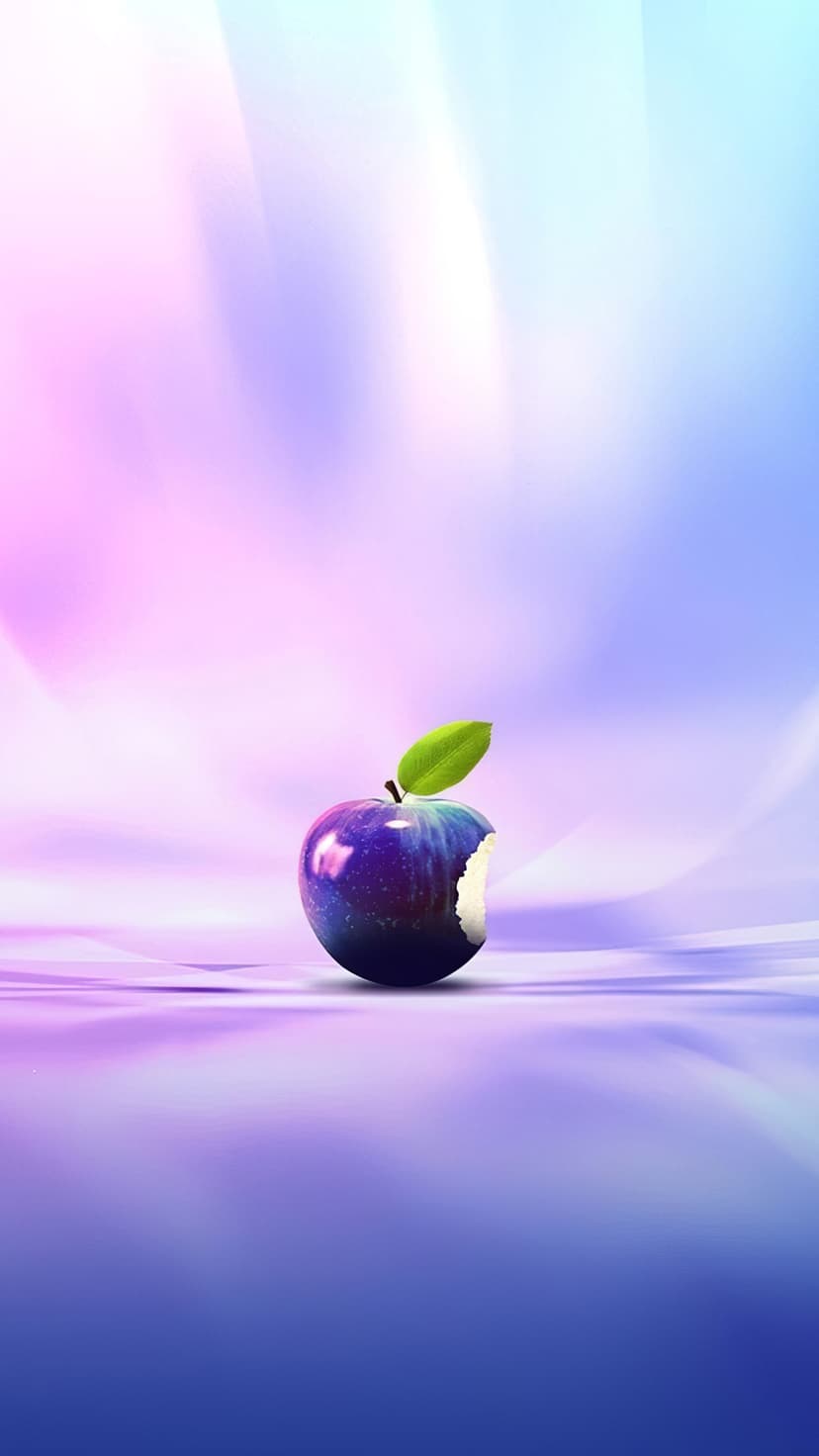Bitten purple apple on a reflective surface with soft pink and blue light waves flowing in the background.