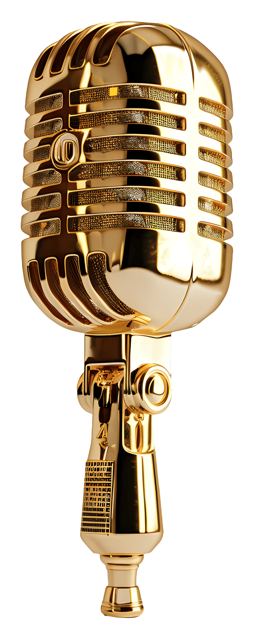Golden vintage microphone features a polished metallic finish, classic mesh grill, and sleek vertical stand.