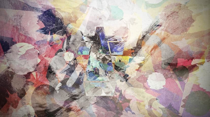 Obscure humanoid figures emerge from a chaotic swirl of violet, blue, and yellow textured paint strokes.