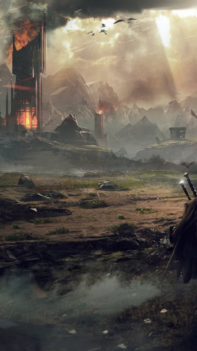 Lone swordsman stands on a misty plain facing a burning castle and jagged mountains under a dark stormy sky.