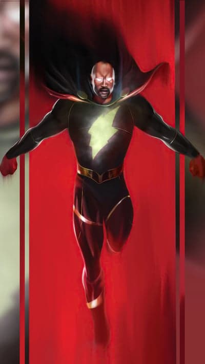 Black Adam in Action Flying Through Red Background