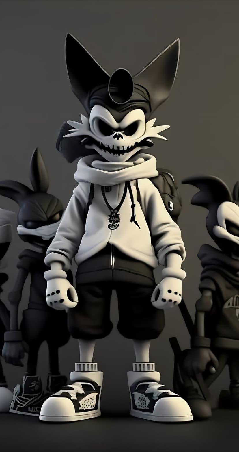 Skull-faced cat in a hoodie stands centrally among rabbit-eared figures with menacing expressions in black and white.