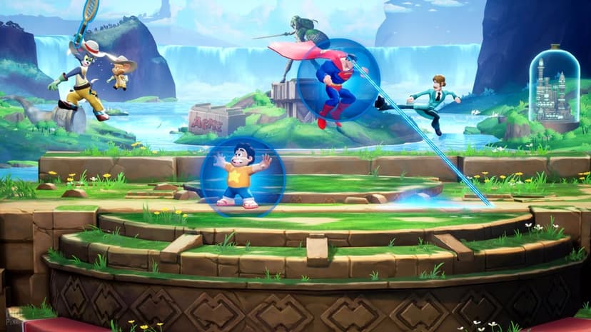 Superman, Shaggy, and Steven Universe fight on a stone platform with waterfalls in a bright gaming scene.