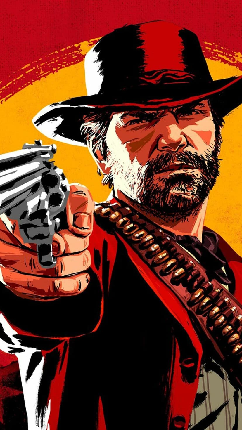 Arthur Morgan points a silver revolver forward against a high-contrast red and yellow western sun backdrop.