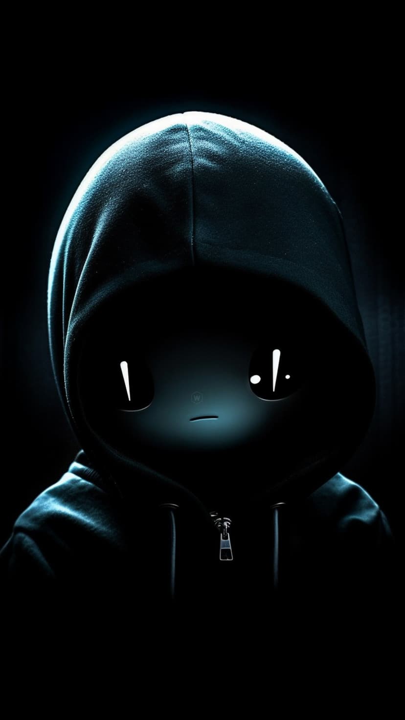 Hooded figure with radiant white eyes and a glowing zipper detail stands against a solid black background.