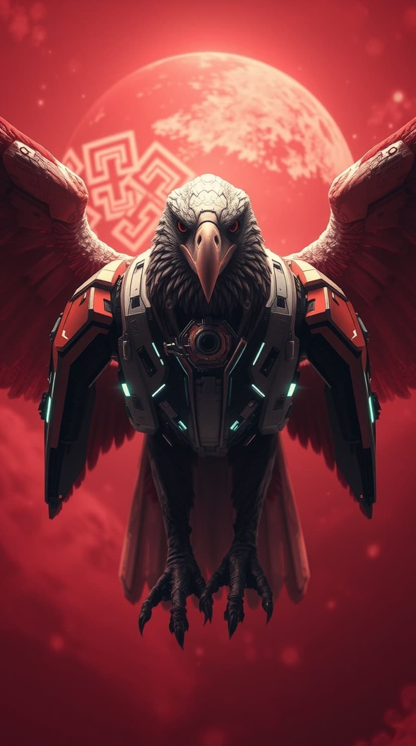 Cybernetic eagle with metallic feathers and blue glowing lights standing before a giant red moon with a symbol.