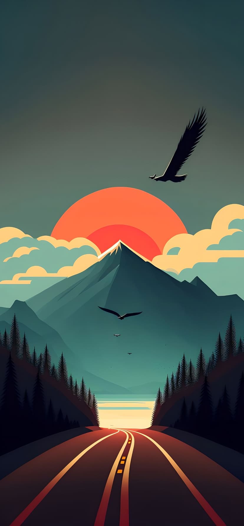 Snow-capped mountain peak sits under an orange sun with silhouetted eagles flying above a winding forest road.
